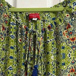 Vibrant Green Floral Blouse with Tassel Ties